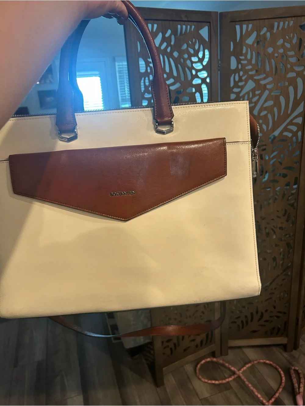 Cream and Brown Leather Briefcase Tote